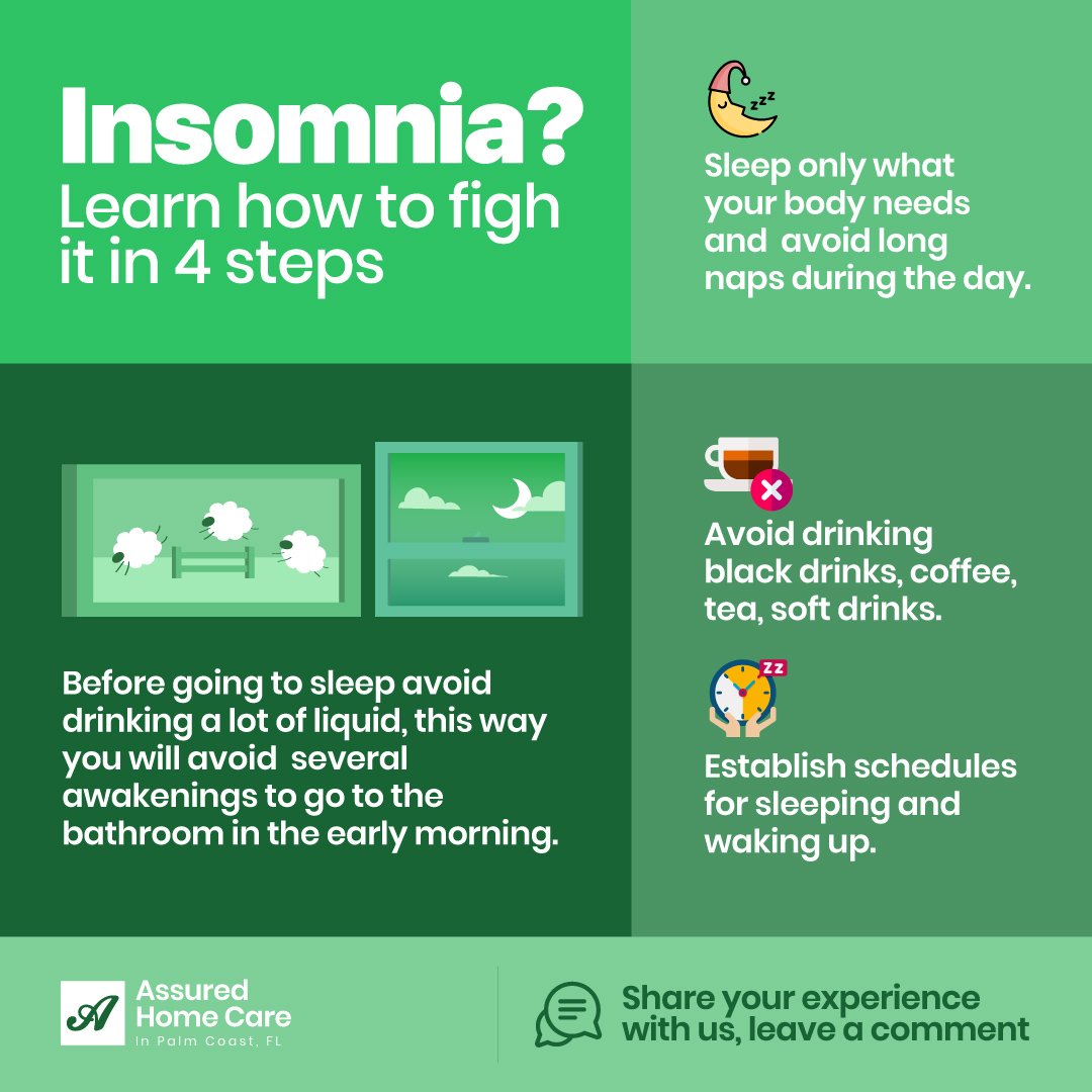 ¿Insomnia? Learn how to fight it in 4 steps. 

Have you ever wondered what to do to avoid insomnia?

- If bedtime is approaching, avoid drinking black drinks, coffee, tea, soft drinks or very sugary juices. 

- Sleep only what your body needs and avoid long naps during the day. 

- Establish schedules for sleeping and waking up, this will help you to have time to do other activities.

- Before going to sleep avoid drinking a lot of liquid, this way you will avoid several awakenings to go to the bathroom in the early morning.

The hours of sleep vary in each person, but range between 7 and 8 hours on average, although others with only 4 manage to perform adequately.

If you do not manage to fall asleep or you wake up easily during the night, it is because insomnia has taken hold of you, a situation that is aggravated in the elderly, since it is common to hear among our elders, the few hours they spend sleeping.
This situation is part of the natural aging process, since with the passing of the years the sleep cycle is modified.
